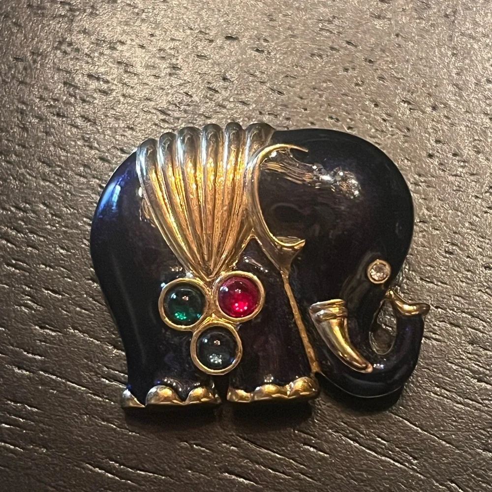 Vintage Metallic Blue Enamel Elephant Brooch with Gem Accents